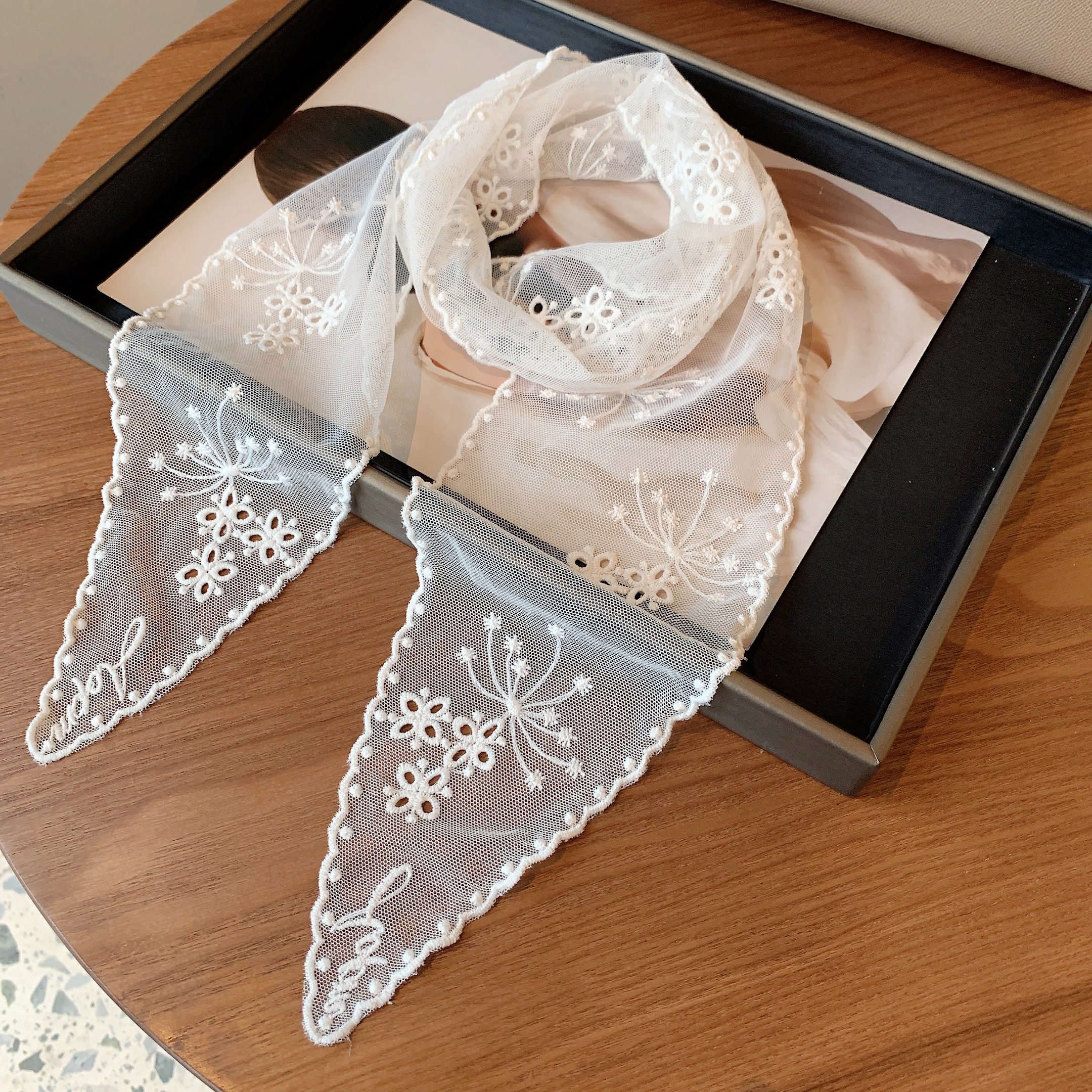 原创设计优雅法式烟花蕾丝长条领巾女飘带春夏装饰丝巾配裙子太美