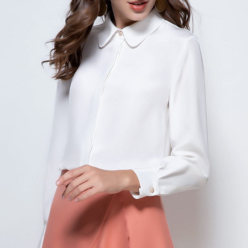欧美2021洋气 30姆米重皱100桑蚕丝圆角领重磅真丝衬衫女上衣白