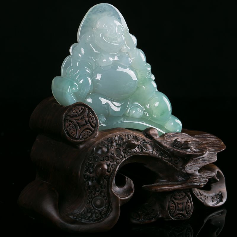 天然翡翠a货冰糯种精雕吉祥佛公小摆件66.85g