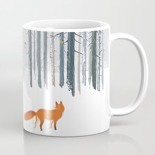 白雪冬林中的狐狸咖啡马克杯手绘文创礼物牛奶杯办公室喝水杯子