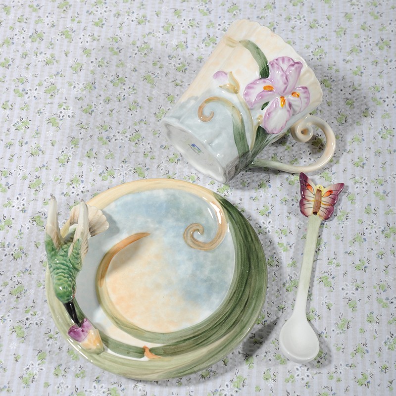 陶瓷蜂鸟杯碟勺组合幸福鸟鸢尾釉下彩手绘家居茶杯咖啡杯生日礼物