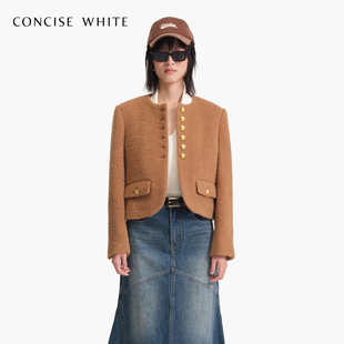 CONCISE-WHITE简白 2024春季新款设计师品牌纯色圆领外套大衣女款