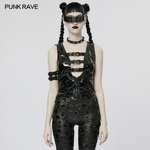 小破亚文化 PUNK RAVE pr朋克状态女装 赛博朋克性感漆皮镂空背心