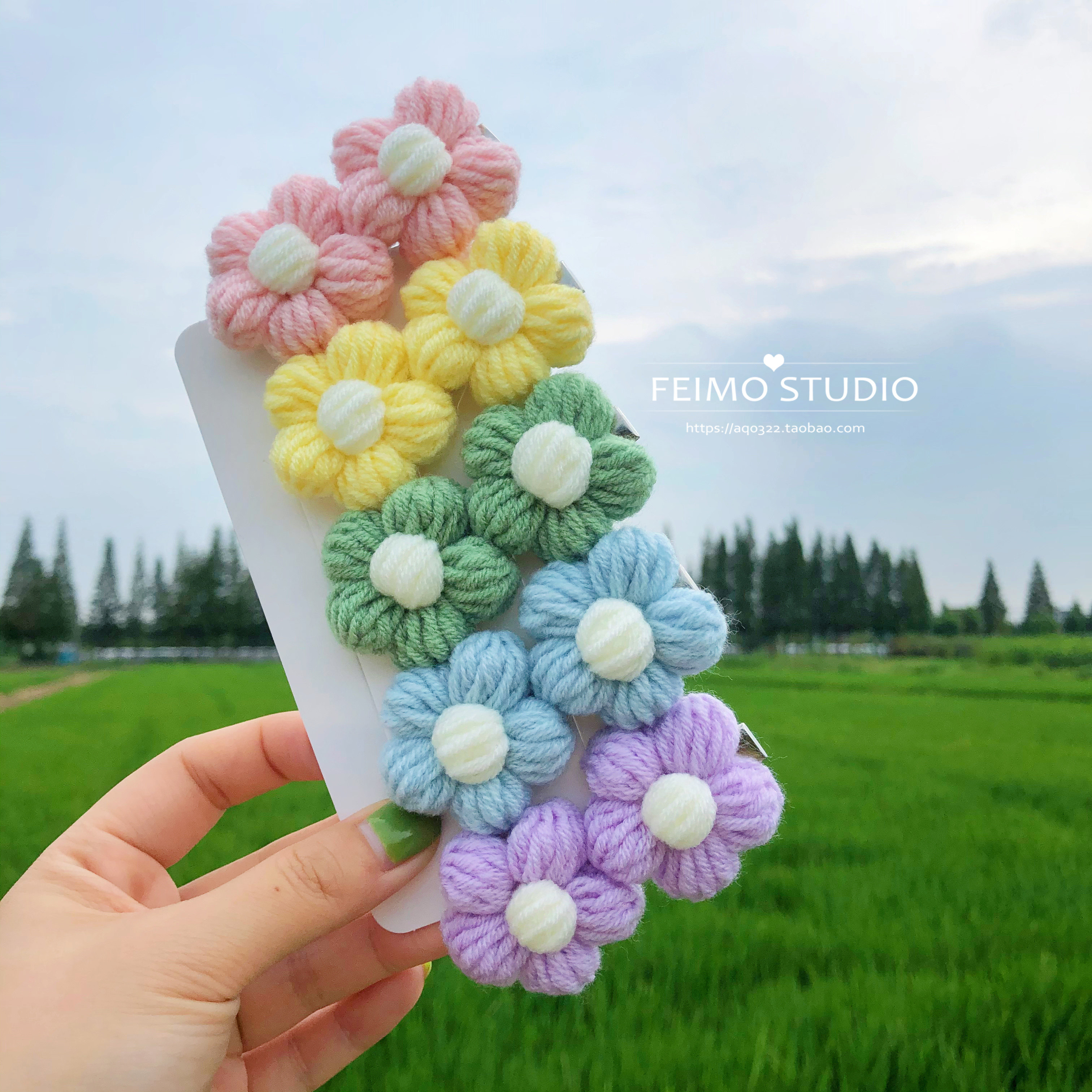 秋冬新款手工毛线泡芙花发夹钩针侧边夹刘海夹甜美花朵发饰发卡