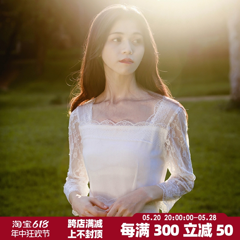 蜜搭 仙气温柔风白色裙 法式少女气质显瘦方领连衣裙女春2024新款