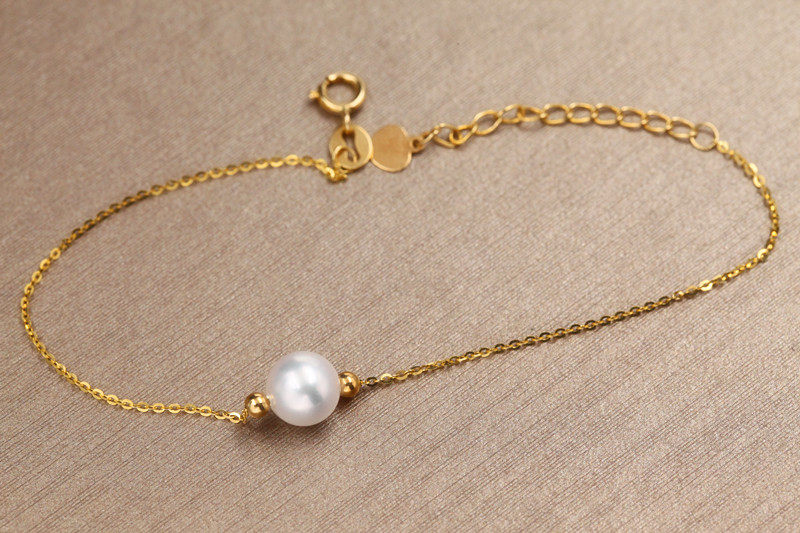 5mm日本akoya海水白珍珠路路通小金珠18k金手链