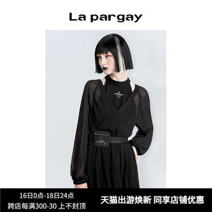 Lapargay纳帕佳2024夏新款女装黑色裙子休闲长袖V领不对称连衣裙