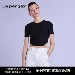 纳帕佳镂空短袖T恤2024夏季新款女式黑色短款修身圆领小众上衣潮