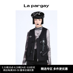 Lapargay纳帕佳新款女装黑色短款马甲工装上衣休闲无袖外套