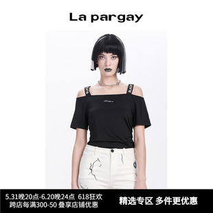 Lapargay纳帕佳春夏新款女装黑色上衣百搭修身印花肩带短袖T恤潮