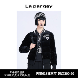 Lapargay纳帕佳2023秋冬新款女装黑色上衣外套短款棒球丝绒羽绒服