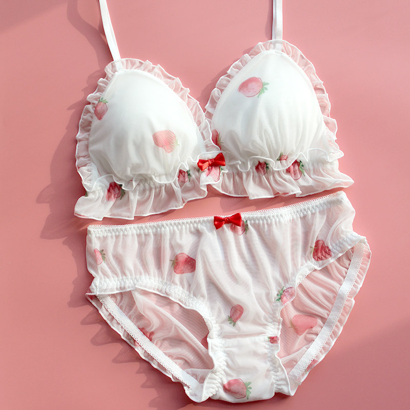 热销蕾丝内衣可爱_日系可爱少女文胸套装薄款无钢圈草莓蕾丝甜美小