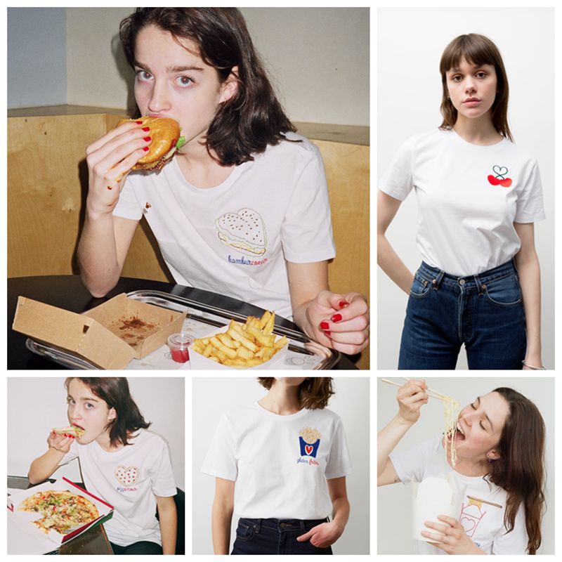INS博主同款手工刺绣汉堡薯条图案Keur Paris短袖T恤白色趣味女夏