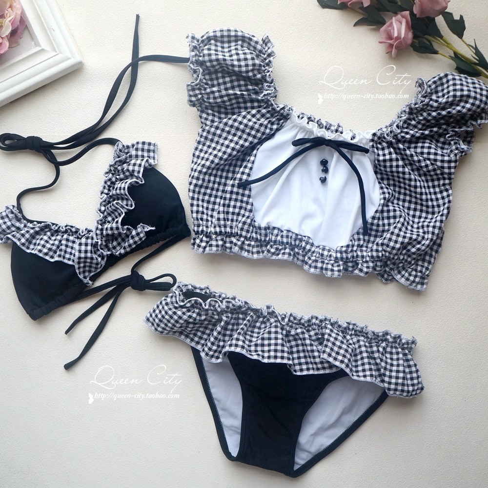 日系可爱黑色格子三件套学生泳衣女软妹保守沙滩泳装带胸垫显瘦