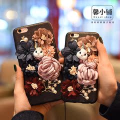 闪钻花卉兔iPhone7手机壳7plus苹果6s/6plus纯手工全包防摔壳女