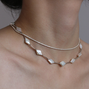 菱形巴洛克珍珠项链 原创小众轻奢ins冷淡风甜酷女孩银choker颈链