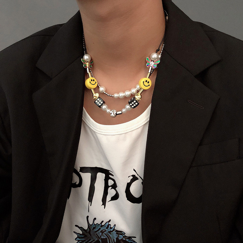dk风格骰子骷髅头蝴蝶珍珠笑脸拼接项链男女潮嘻哈明星同款颈链