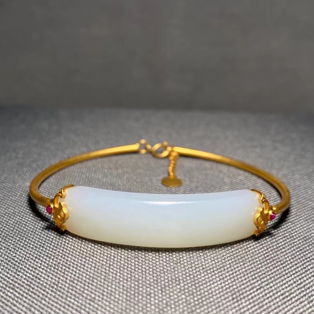 平安手牌 新疆和田玉白玉籽料18k金镶嵌手镯 手链 礼物首饰实话