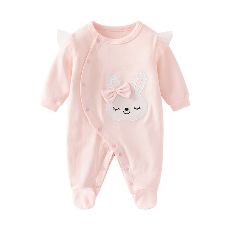 新生婴幼儿女宝宝春秋装连体衣包脚长袖纯棉可爱粉色卡通绣花兔子