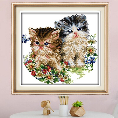 印花十字绣猫咪 新款可爱猫咪 动物图案两只小花猫情侣猫简约现代
