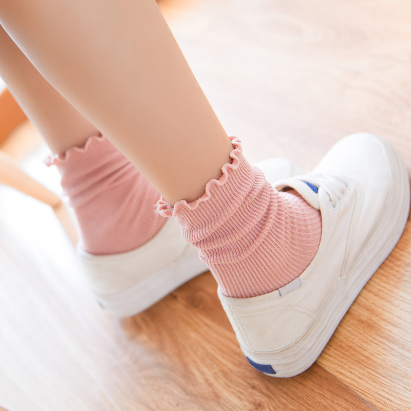 木耳花边袜子女中筒ins潮可爱纯棉白色长袜春秋粉色堆堆袜女长筒