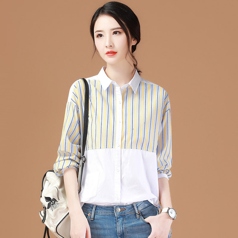 韩潮袭人拼接条纹长袖衬衣女2022春季新款宽松百搭休闲纯棉白衬衫