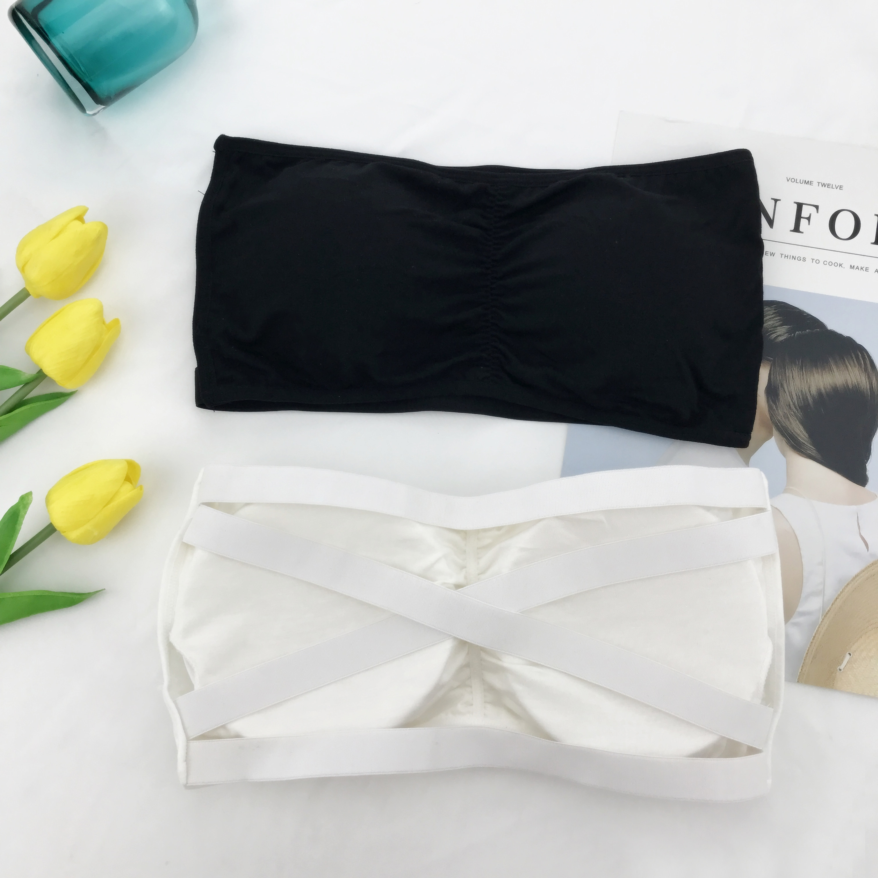 *实拍 莫代尔聚拢交叉镂空美背防走光无肩带胸垫抹胸女士内衣 实