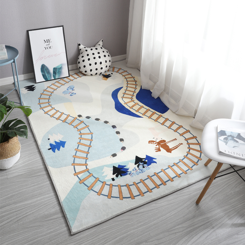 儿童房间地毯卧室床边毯男孩阅读区地垫子蓝色火车轨道防滑可擦洗