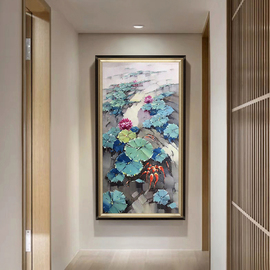 玄关油画新中式走廊入户装饰画纯手绘客厅酒店荷花挂画荷塘锦鲤