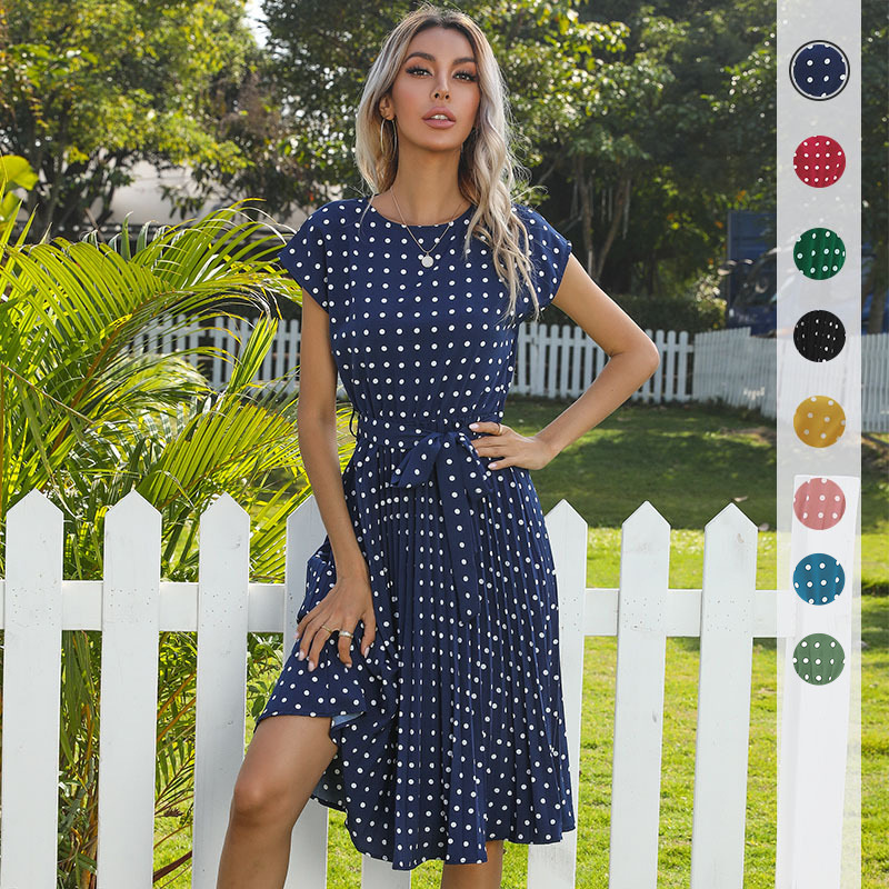 Hot Midi Dress Short Sleeve Tie Polka Dot Pleated Dress