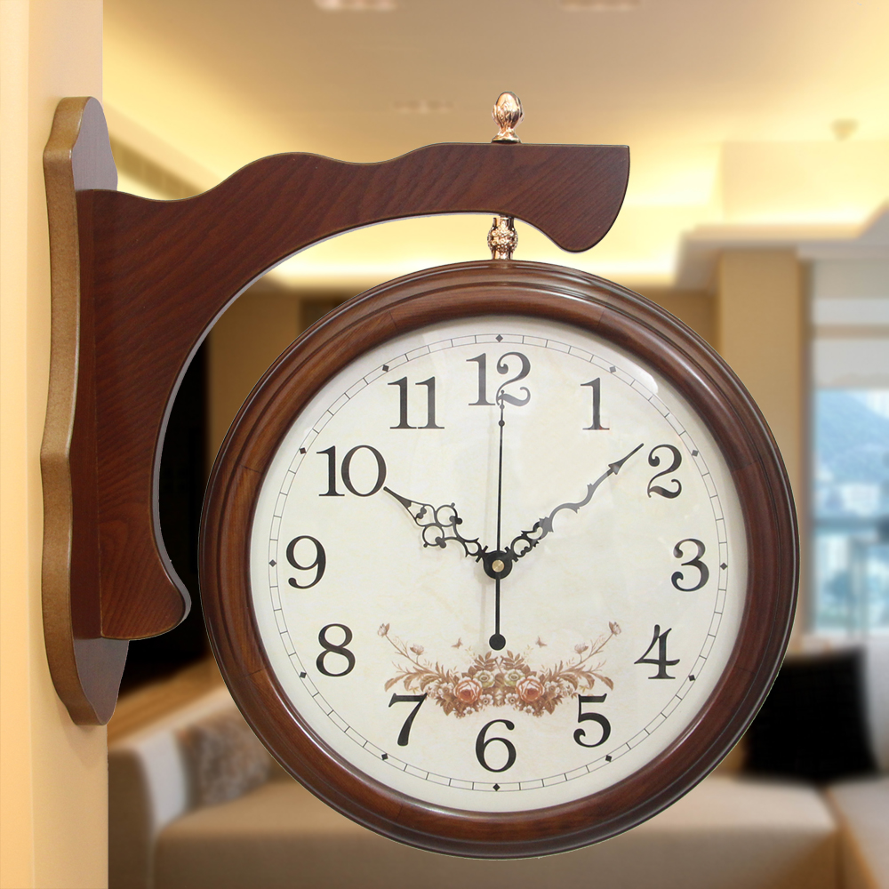 欧式实木双面挂钟客厅创意两面钟表美式田园欧式现代静音石英钟