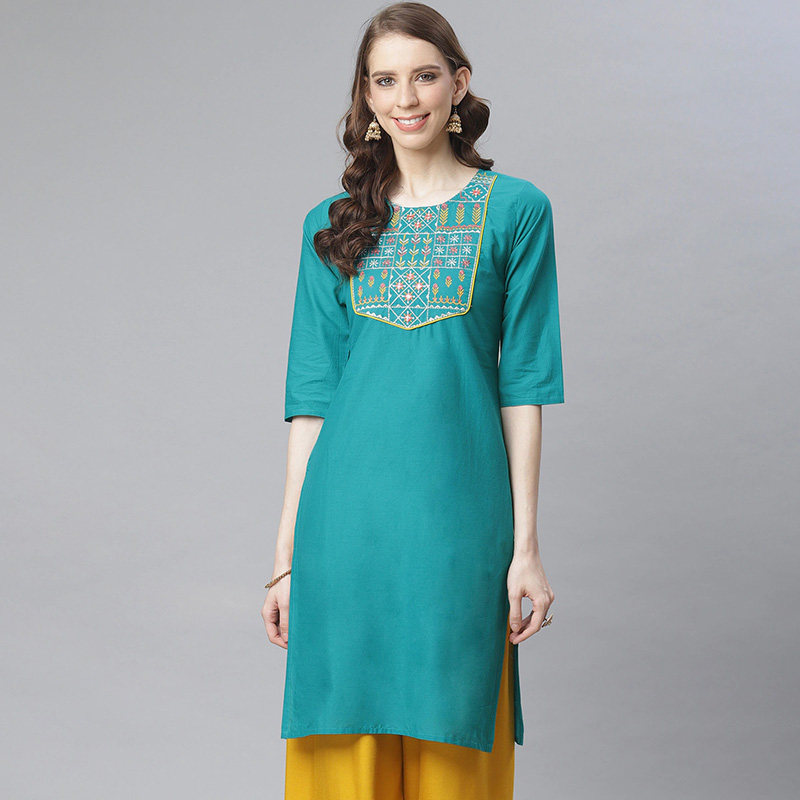 印度进口女装民族风纯棉刺绣孔雀绿上衣薄款圆领中袖2021春夏