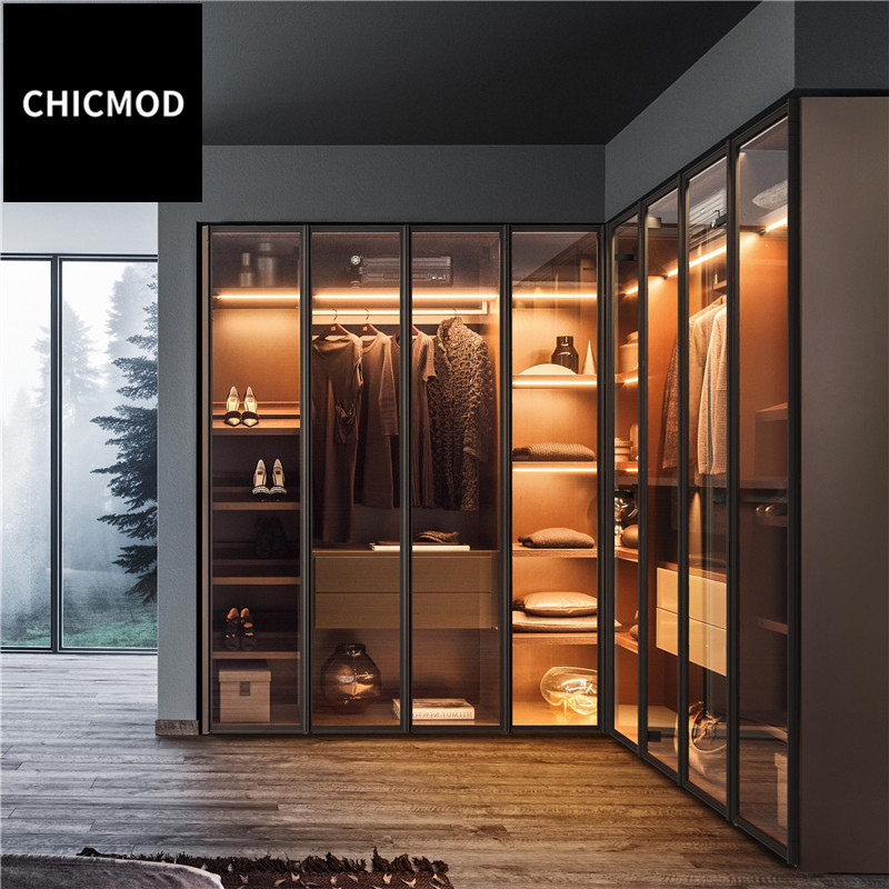 雅致摩登全屋定制衣柜卧室衣橱意式轻奢玻璃灯光转角衣帽间萨索罗
