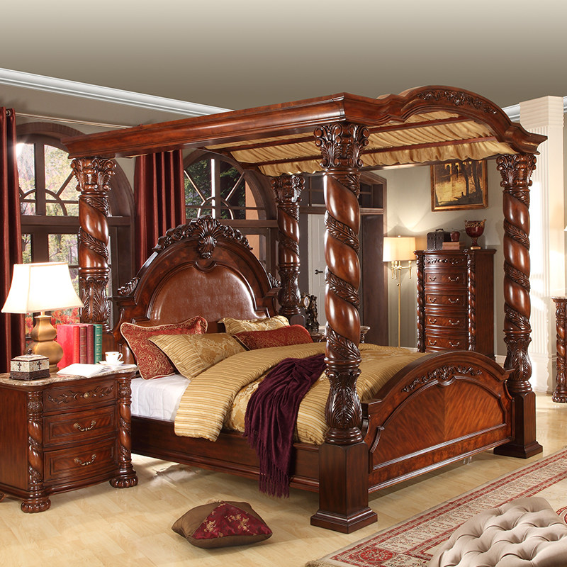 欧式豪华罗马柱子皇帝床美式床做旧风格架子床别墅家具复古双人床