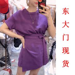 夏装新款紫色短袖连衣裙绑带收腰港味ins超火中长款裙子女装