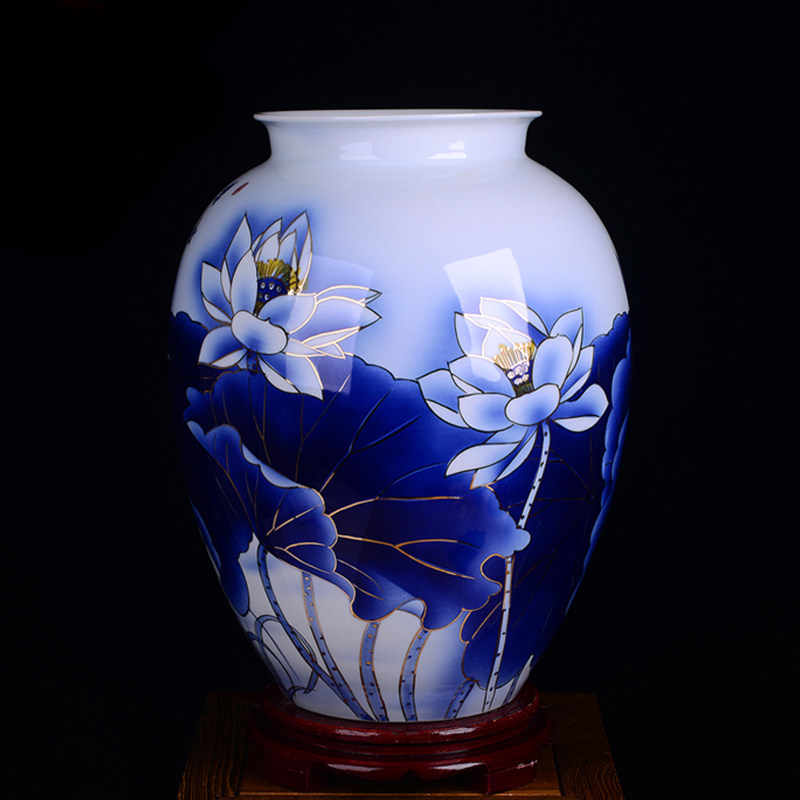 景德镇陶瓷器手绘荷花描金花瓶现代简约装饰摆件现代时尚中式客厅