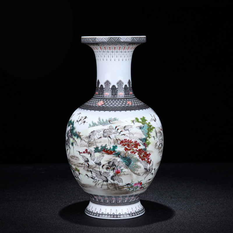 景德镇陶瓷 手绘百鹤图苹果瓶插花器花瓶摆件 家居客厅瓷器装饰品