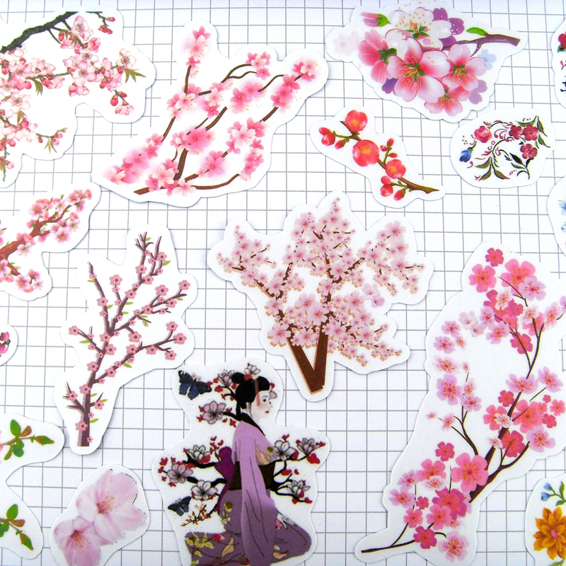 唯美古风花卉手帐贴纸桃花植物樱花手杖本贴纸复古中国风装饰套装