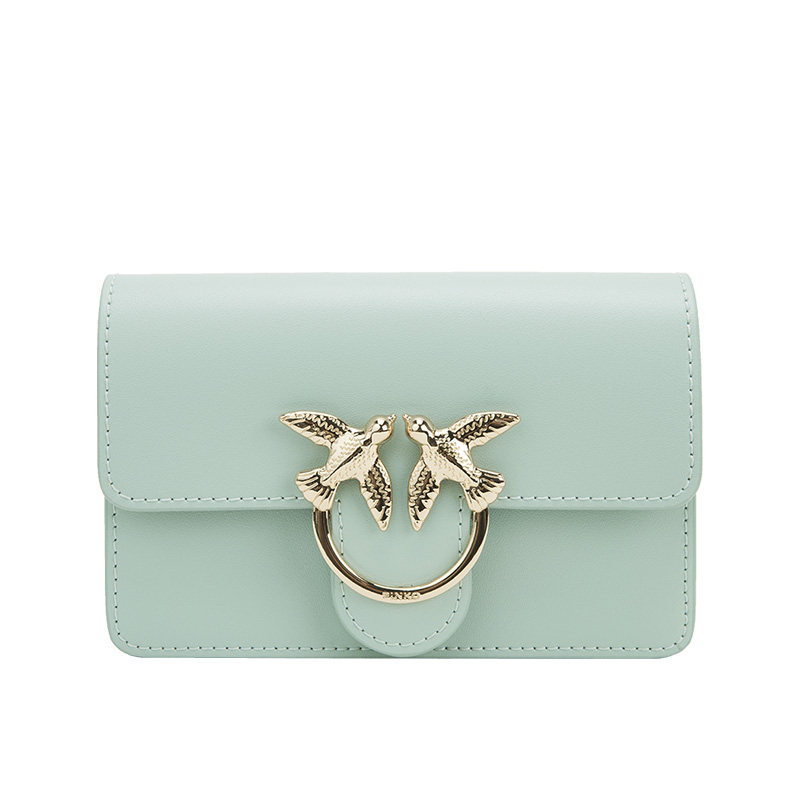 pinko淡绿色牛皮革材质双飞燕标志经典女士单肩斜挎包