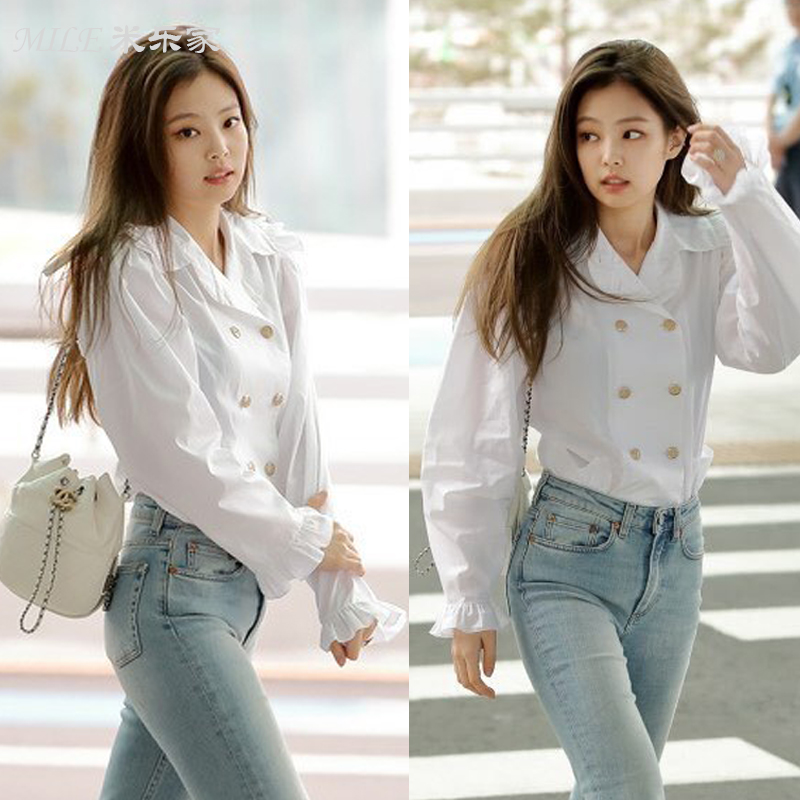 blackpink Jinzhini Star of the same paragraph Korean Edition Versatile white Double-breasted Wood ear Retro Harbor Wind shirtin the Women's clothing/Boutique , Shirt category - from Buy2taobao.com to provide professional Taobao agent buy service