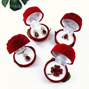 新年红色玫瑰花卡通首饰盒收纳钻戒指项链求婚结婚礼仪式交换单个