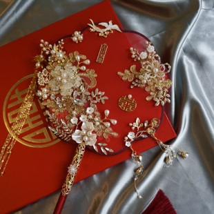 团扇结婚新娘秀禾扇中式婚礼红色高端双面成品喜扇手工diy材料包