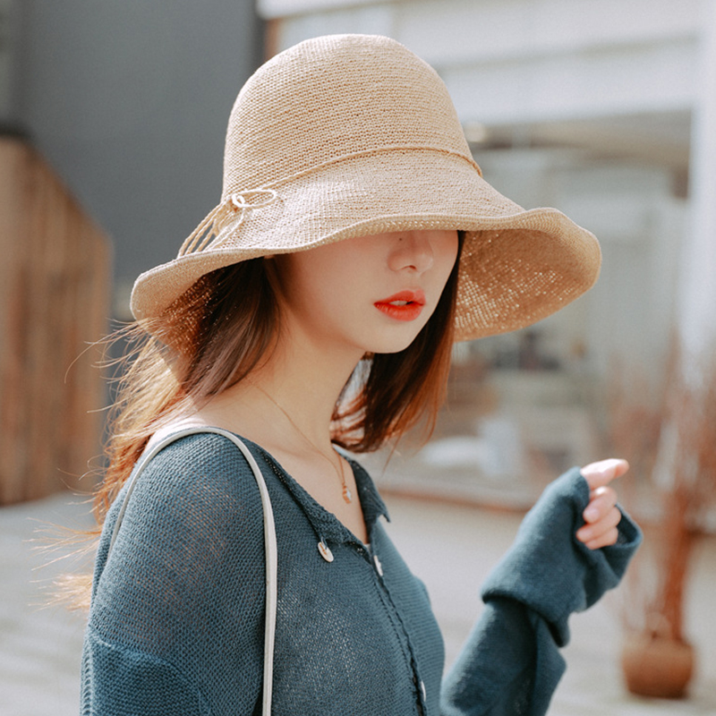 大檐草帽女沙滩日本特细拉拉草可折叠夏天遮太阳遮脸防晒渔夫帽子