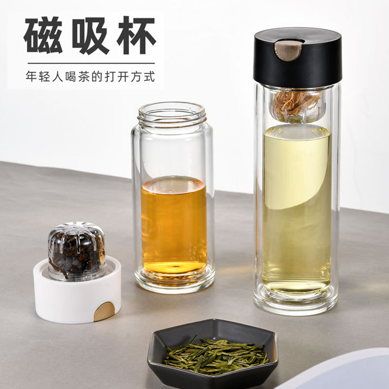 磁吸式茶水分离杯子双层玻璃杯耐热不