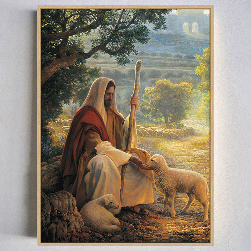 耶酥稣挂画像牧羊十字架客厅天主基督教装饰画油画客餐厅有框墙画