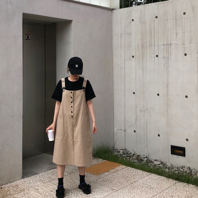 MRLIUS/卡其|藏青 2色入复古直筒纽扣宽松大码休闲背带裙