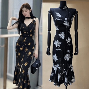 Luo新中式印花吊带连衣裙女2024春夏设计感小个子高腰鱼尾长款裙