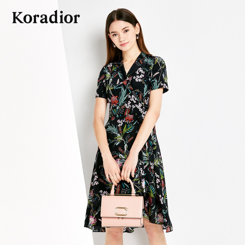 koradior/珂莱蒂尔女装春装新款真丝雪纺印花连衣裙keahc626300
