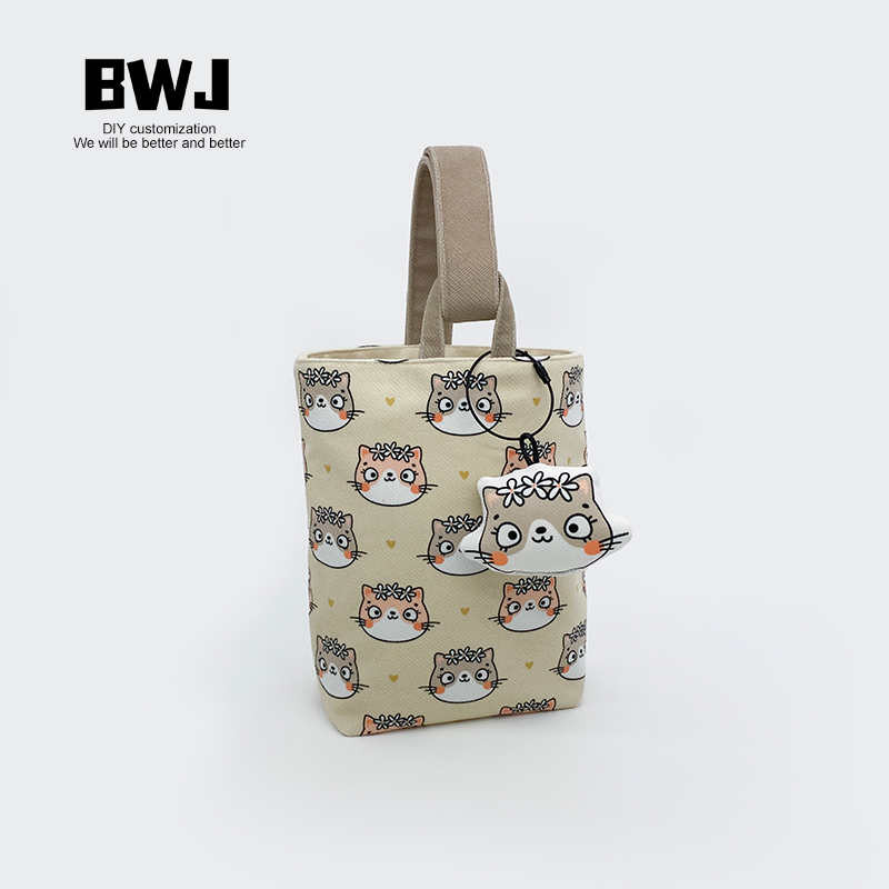 布语印巷卡通猫咪宠物手提遛弯水桶包包手腕包收纳小布袋来图定制