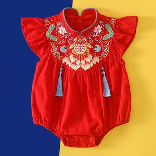 中式婴儿连体衣夏季薄款女宝百天衣服红色哈衣幼儿周岁宴礼服国风